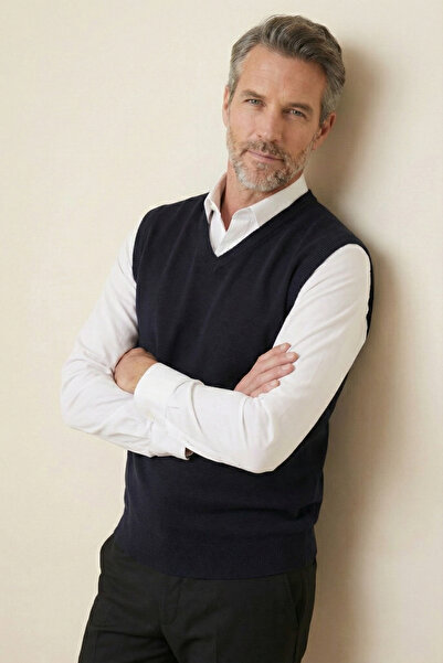 nacar çarşı سترة تريكو رجالية بياقة على شكل حرف V باللون الأزرق الداكن، قصة ك...