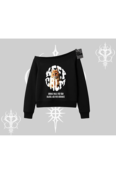 Tarzsokak Hanorac cu guler bărcuță, cu imprimeu pisică și text, Keep Calm