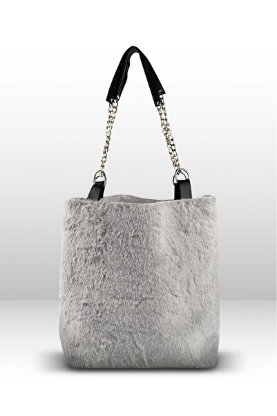 Flarella Furry Soft Touch Plush & Leather Women's Gray Hand and Shoulder Bag ...
