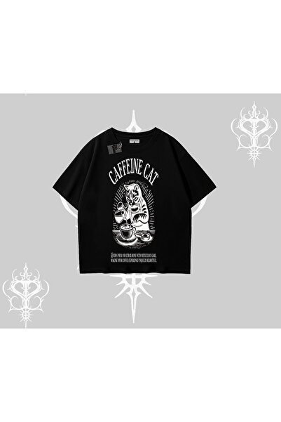 Tarzsokak Tricou supradimensionat cu imprimeu Pisică cu cafeină, tematică cafea