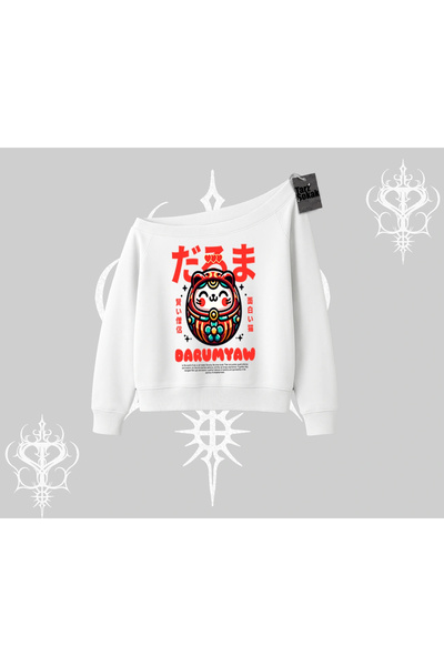 Tarzsokak Hanorac cu gâtul rotund Daruma Cat Anime imprimat