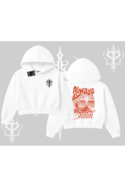 Tarzsokak سترة كروب بقلنسوة مطبوعة على الظهر من Always Chillin Cat