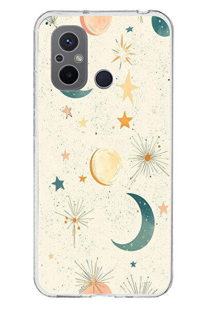 TechTree حافظة سيليكون متوافقة مع Redmi 12C ذات خلفية كريمية وقمر ونجمة مطبوع