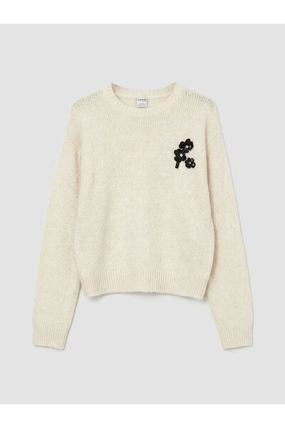 LC Waikiki Lcw Kidsekru Crew Neck Floral Embroidered Girls' Knit Sweater