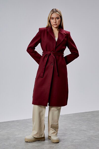 Bolivente Kadın Bordo Kuşaklı Düğmeli Uzun Kaban