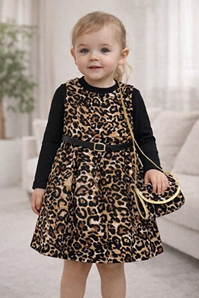 Pamuk Kozası Kız Çocuk Leoparlı Elbise Çantalı İç Bodyli 3'lü Takım