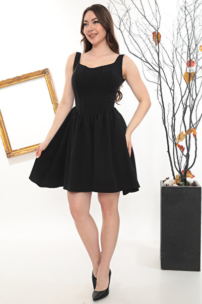 De Sa Moda Korsajlı Sırt Dekolteli V Yakalı Brid Detaylı Kadın Mini Elbise