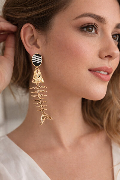 POSEİDONS JEWELLERY Gold Color Fishbone Figured Dangle Women's Earrings