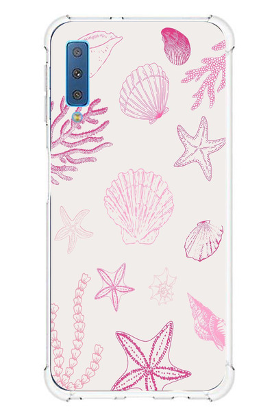 TechTree حافظة سيليكون متوافقة مع هاتف سامسونج جالاكسي A7 2018 باللون الوردي ونجم البحر والصدف مطبوع