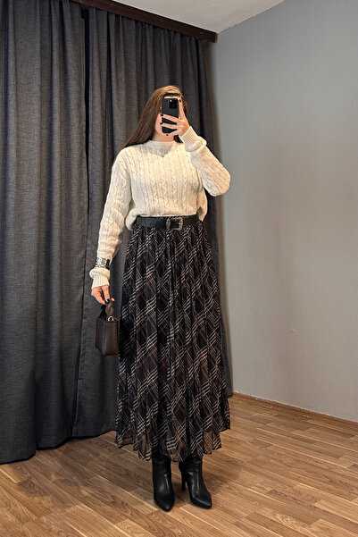 Sorridi Ekose Desenli Düz Kesim Uzun Şifon Etek