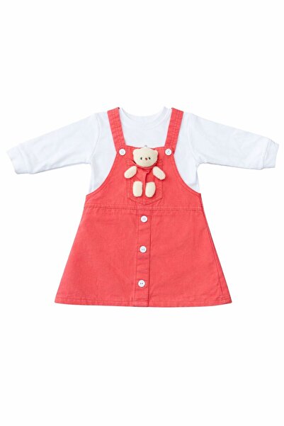 BABY WELL Ayıcıklı Kız Bebek Salopet Elbise Uzun Kollu Bodyli Pamuklu Elbşse