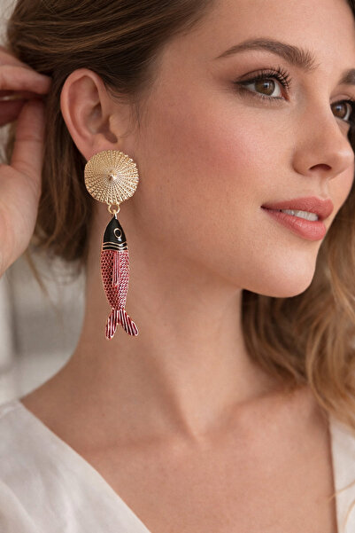 Lovecharm Gold Color Dangle Women's Earrings with Red Fish Figure