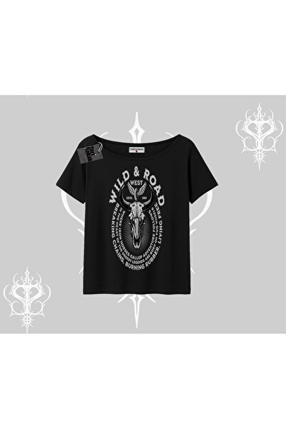 Tarzsokak Тениска с лодка деколте Wild & Road Western Skull Biker Street Culture
