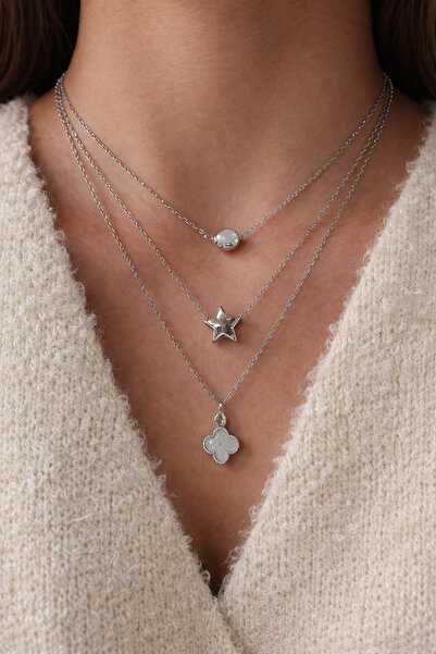 stravis Gümüş Renk Çoklu Charmlı 3’lü Kolye Seti