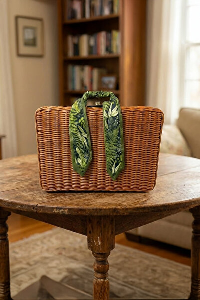 Vadi Vintage Yeşil Fularlı Hasır Retro Piknik Sepeti ve Plaj Çantası