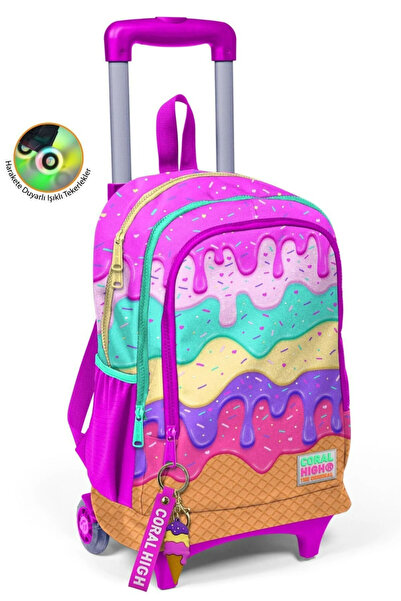 Coral High Kids Pembe Rengarenk Dondurma Desenli Üç Bölmeli Çekçekli Okul Sır...