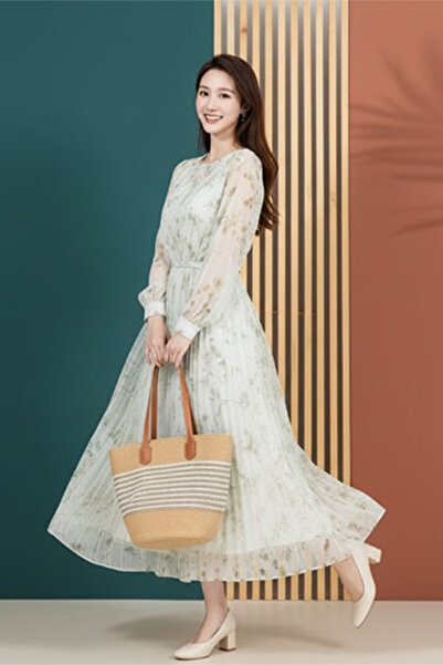 dorbe affordable elegant floral pattern v-neck long puff sleeves women’s maxi...