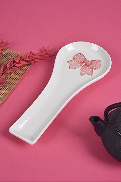 Piatti Naturali Pink Bow Patterned Ceramic Dirty Spoon Rest – Countertop Ladle & Spoon Holder Handmade Gift