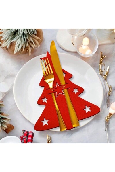 Masalsı Concept Kırmızı 6 Adet Dekoratif Çam Ağacı Peçetelik Çatal Kaşıklık Keçe Yılbaşı Süsü