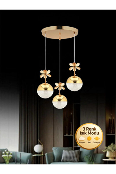 Litra Lighting Kelebek Model 3'lü Gold 3 Renk Modu Kristal Taşlı Modern Led A...