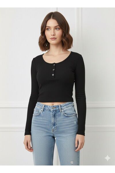 Trendingsize قميص قصير بأكمام طويلة وياقة مربعة وأزرار