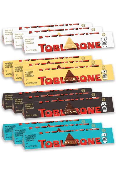 Toblerone A variety of chocolate bars (milk, dark, white, and salted caramel almond), wholesale chocolate from Toblerone