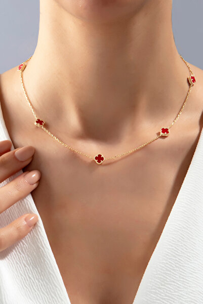 SARIASLAN Kırmızı Taşlı Dört Yaprak Yonca 925 Ayar Gümüş Açık Gold Renk