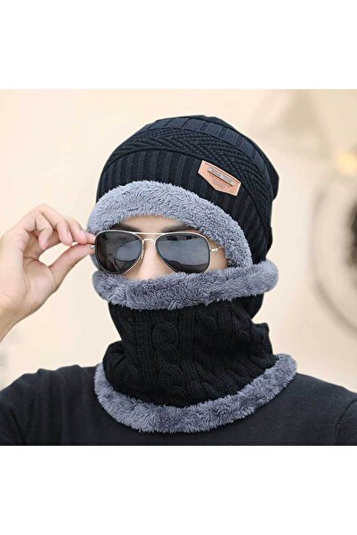 Generic طقم قبعة شتوية منسوجة للرجال والنساء بتصميم مبطن بالصوف، مقاس واحد