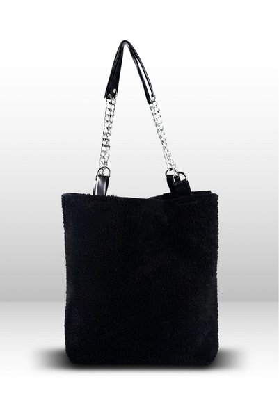 Flarella Furry Soft Touch Plush & Leather Women's Black Hand and Shoulder Bag Silver Chain Handle