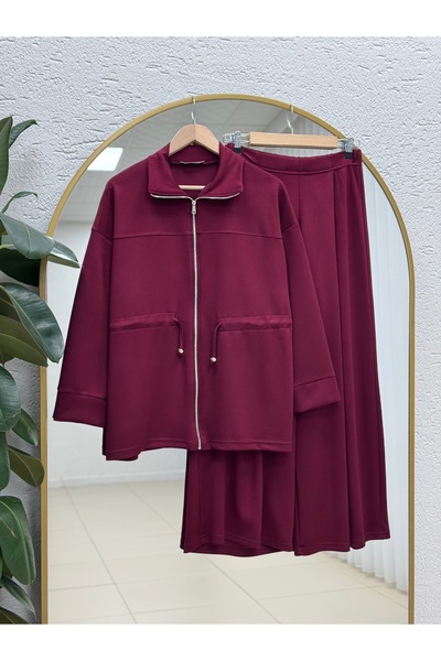 MİHRA STORE طقم بنطلون هازال بيلي مع سحاب وفتحة خلفية-TN032 أحمر داكن