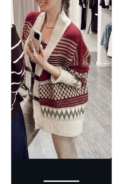 Lavanta Tekstil Ethnic Pattern Belted Cardigan