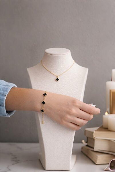 Şöhret takı&aksesuar Taşlı yonca seti Çelik ve üzeri 14k altın kaplama