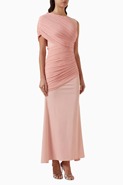 AC BY AANCHAL CHANDA Drapeli Asimetrik Yaka Maxi Kadın Elbise