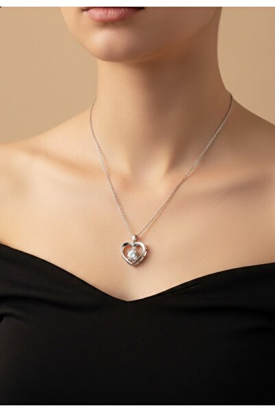 stainless steell gümüş renk 316L çelik zincirli zirkon taşlı kalp taş motifli...