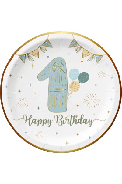 Big Party Tabak 1 Yaş Happy birthday MAVİ altın varakl 6lı
