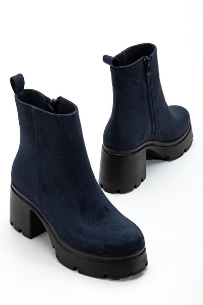 Dilimler Ayakkabı Heeled Boots Women's Platform Navy Blue Suede Flat Zippered