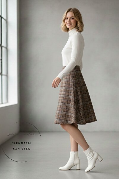 lil amore Çan Etek - Hafif Likralı Kumaş Yüksek Bel Uzun Çan Etek Hasır Turuncu