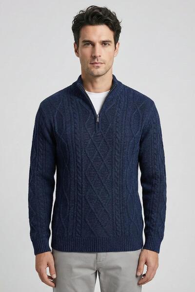 Sabri Özel Lacivert Regular Fit Yünlü Desenli Fermuarlı Yarım Balıkçı Yaka Tr...