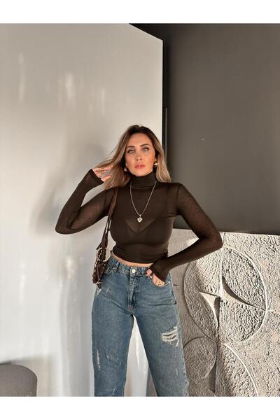 Zerrincan Giyim Kahve Transparan Likralı Body