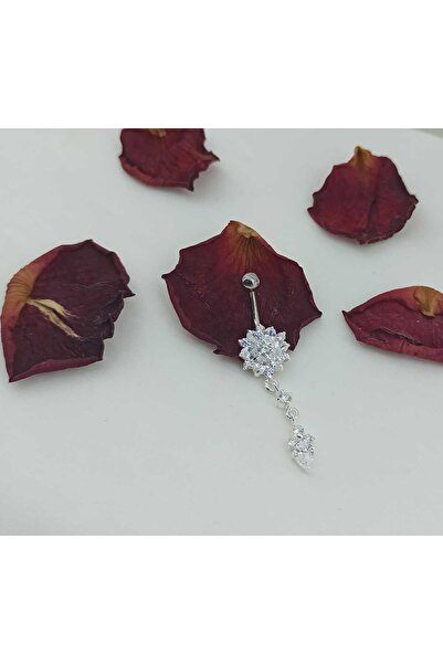 Simge Gümüş 925 Ayar Gümüş Zirko Taşlı Göbek Piercing Ebatı Bar 1.5 Taşlı Kıs...