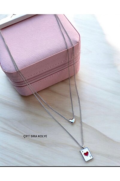 AychaAksesuar قلادة مزدوجة من ورق السجود مع قلوب ووردة حمراء وفضية اللون