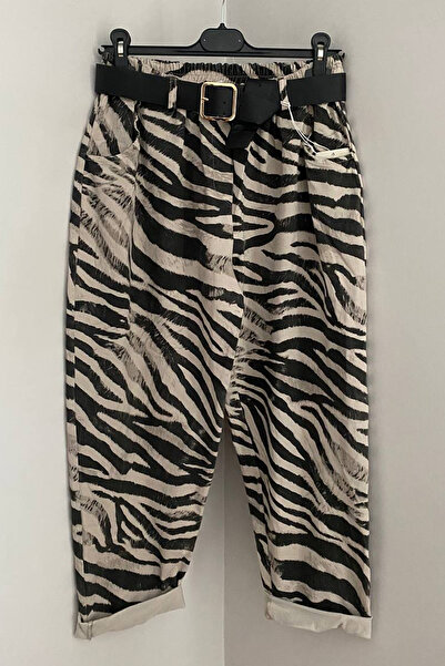 AYASOFYA OTANTIK Women's Italian Beige Elastic Waist Belted Zebra Patterned Side Pocket Oversized Casual Trousers