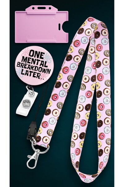 chic crazze Donut Desenli Pembe Boyun Askı İpi Yoyo Kart Tutucu Yatay Kartlık...