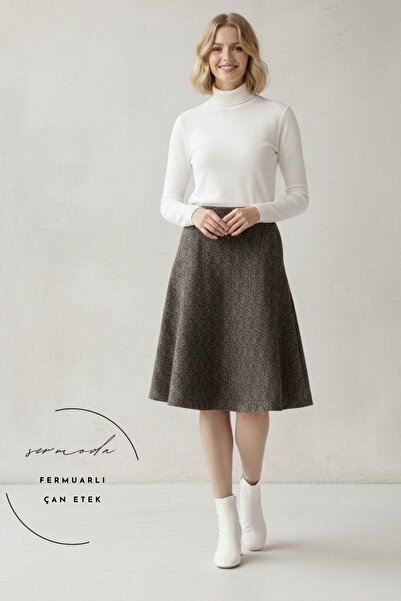 sermoda تنورة الجرس - تنورة طويلة ذات خصر عالي من القماش الخفيف قماش قابل للتمدد باللون البني