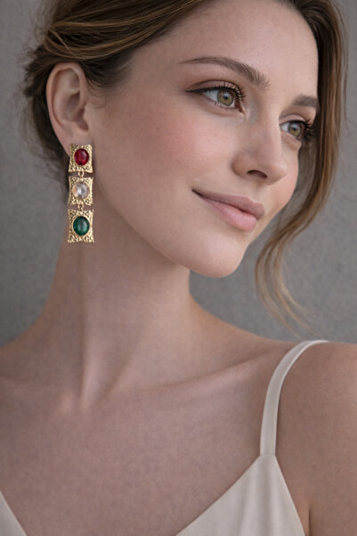 POSEİDONS JEWELLERY Gold Dangle Women's Earrings with Colorful Stone Detail |...