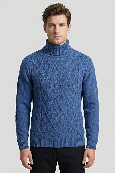 Sabri Özel Mavi Regular Fit Yünlü Desenli Tam Balıkçı Yaka Triko Kazak