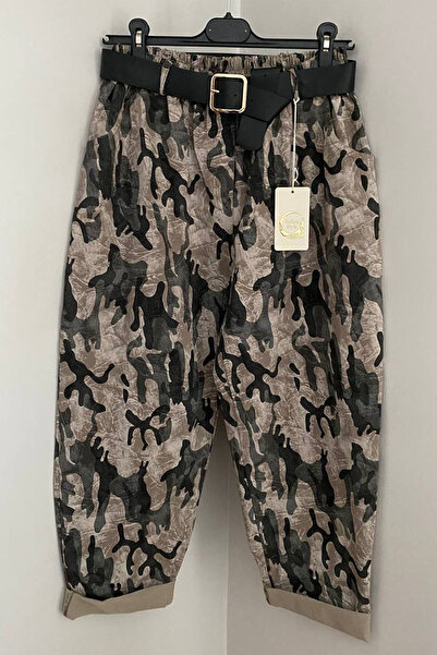 AYASOFYA OTANTIK Women's Italian Elastic Waist Belted Camouflage Patterned Side Pocket Oversized Casual Trousers
