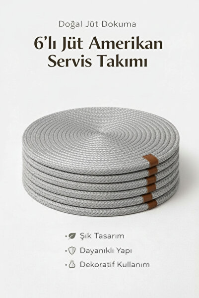 Febros 6’lı Yuvarlak Jüt Amerikan Servis Doğal Hasır Supla Şık Masa Sunumu Dekoratif Tabak Altı