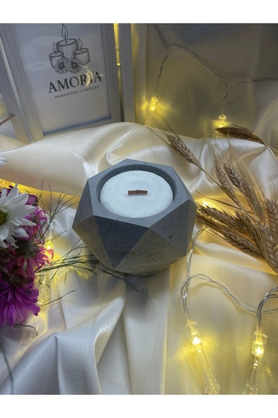 Beton Mum Ahşap Fitilli Dekoratif | Kokulu Mum | Soya Wax | Amoria Elmas