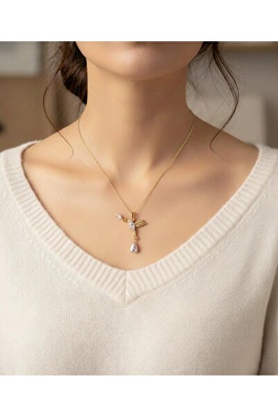 stainless steell gold renk zincirli taşlı serçe model çelik kolye